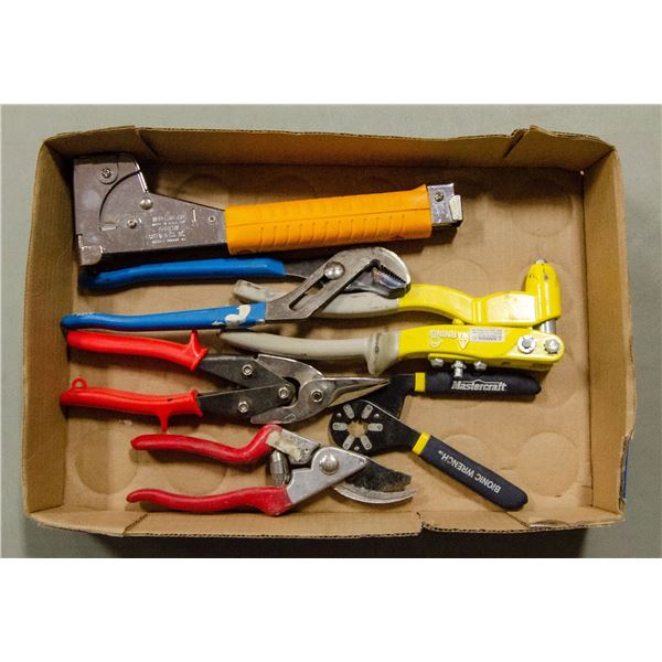 LOT OF ASSORTED SNIPS, PLIERS & TACK STAPLER