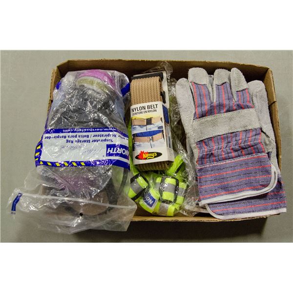 LOT WITH GLOVES, RESPIRATOR & NEW KUNYS BELT