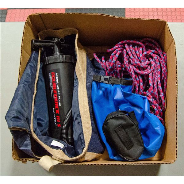 LARGE BOX OF OUTDOOR CAMP GEAR INCL. WATER