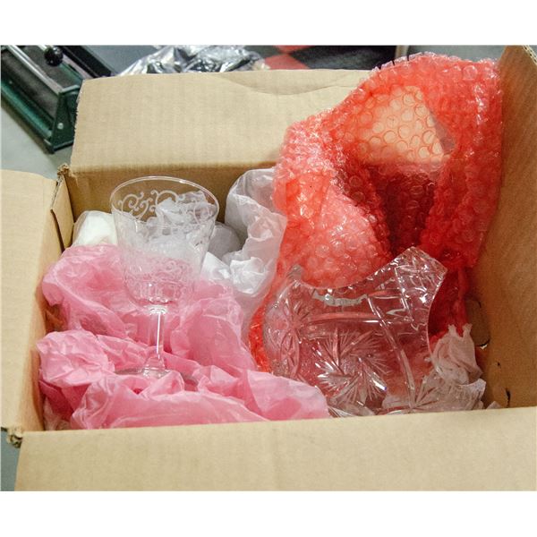 BOX FULL OF GLASSWARE AND SOME CRYSTAL