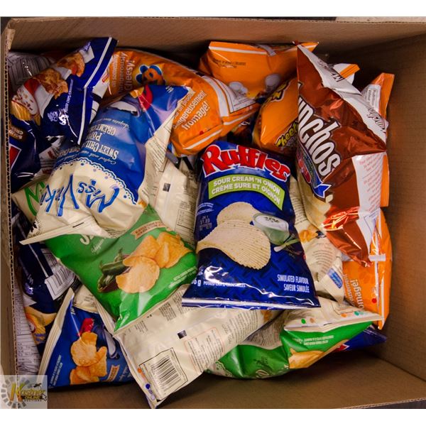 BOX LOT OF VARIOUS POTATO CHIPS