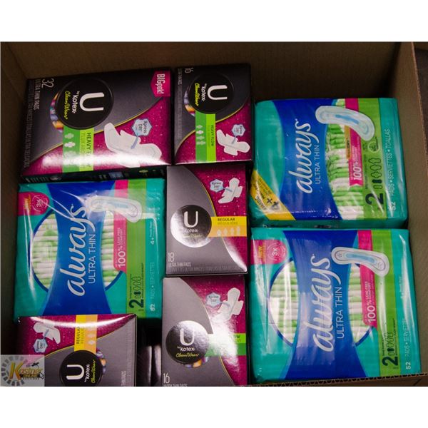 BOX LOT OF FEMININE HYGIENE PRODUCTS