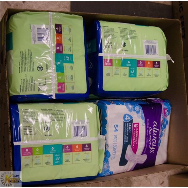 BOX LOT OF VARIOUS FEMININE HYGIENE PRODUCTS