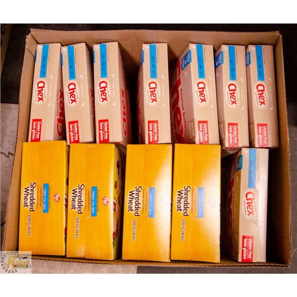 BOX LOT OF SHREDDED WHEAT AND CHEX CEREAL
