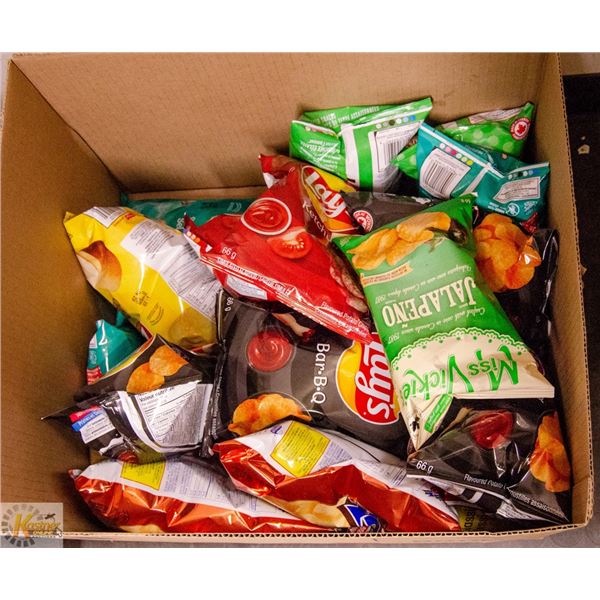 BOX LOT OF VARIOUS POTATO CHIPS