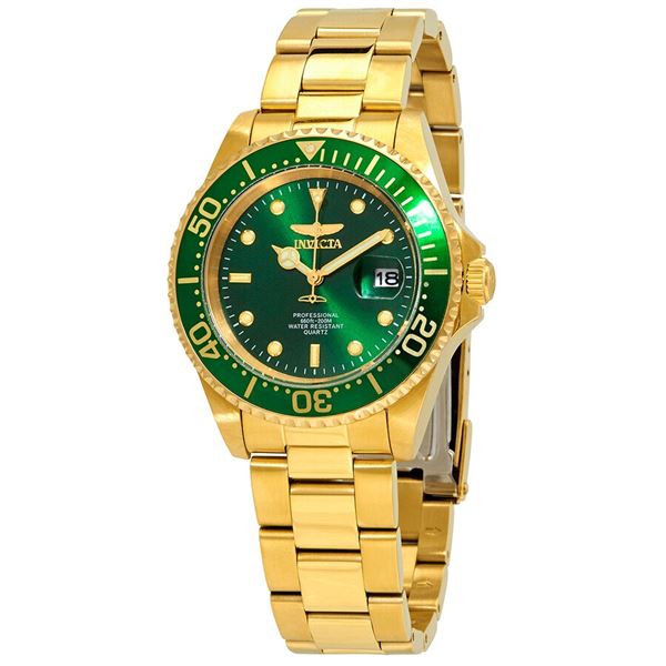 NEW INVICITA GOLD TONE GREEN DIAL PRO DIVER $475