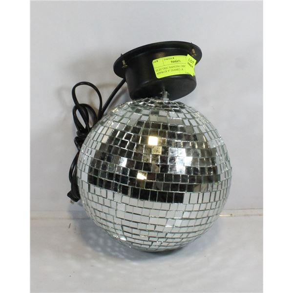 ELECTRIC HANGING DISCO BALL, APPROX 9" DIAMETER