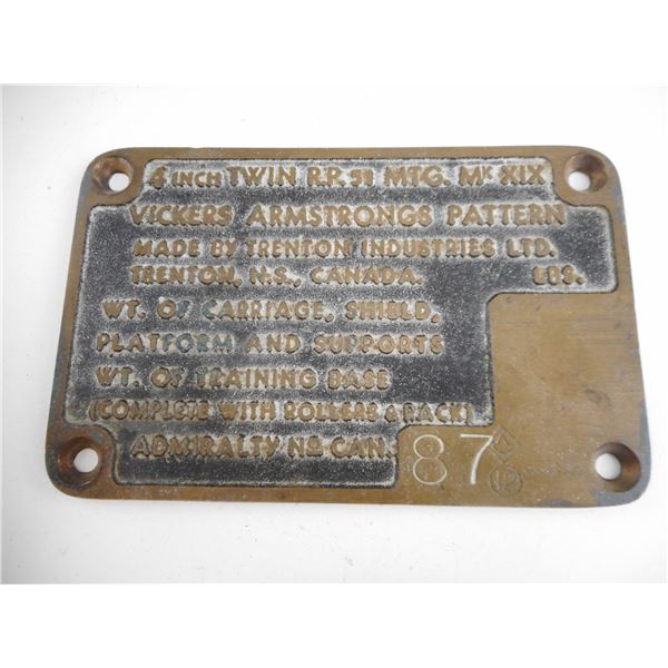 CANADIAN VICKERS 4" GUN DATA PLATE