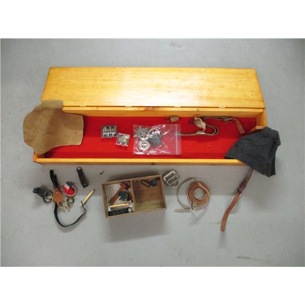 WOODEN BOX WITH ASSORTED ACCESSORIES