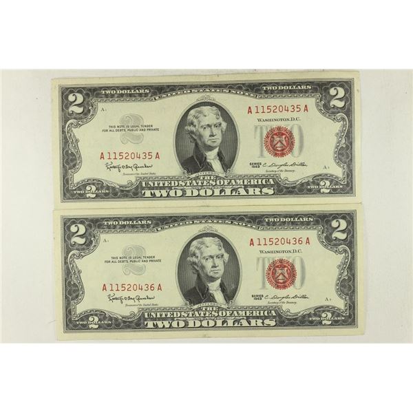 2-1963 $2 RED SEAL US NOTES CRISP UNC CONSECUTIVE