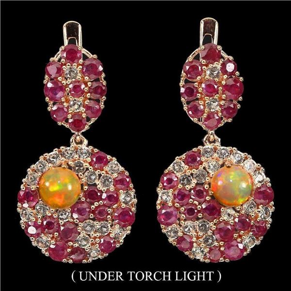 Natural White Opal & Red Ruby Earrings