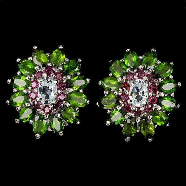 Natural Aquamarine Ch-Diopside Rhodolite Garnet EarRing