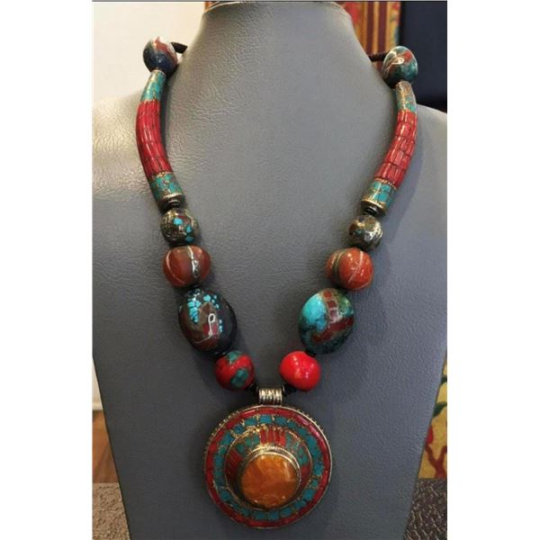 Tibet Natural Stone & Amber Tribal Queen Royal Necklace