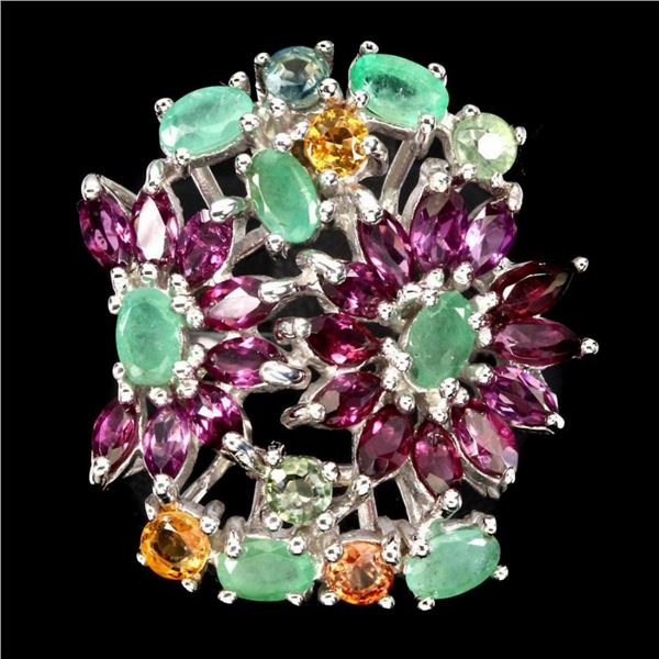 Natural Columbian Green Emerald Garnet Sapphire Ring