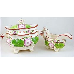 Antique FLORAL Pottery CREAMER & Lidded SUGAR  #1848347