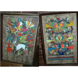 2 Large Vintage Mexican Folk Art Bark Paintings#1848401