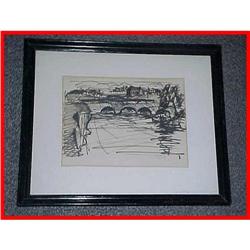 Framed Signed American Abstract Bridge Drawing #1875890