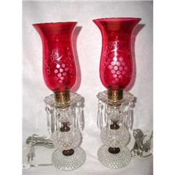 Pair Victorian Lamps Cranberry Shades C.1910 #1886291