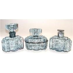 Silver Overlay Blue Art Deco Glass Vanity Set #1886669