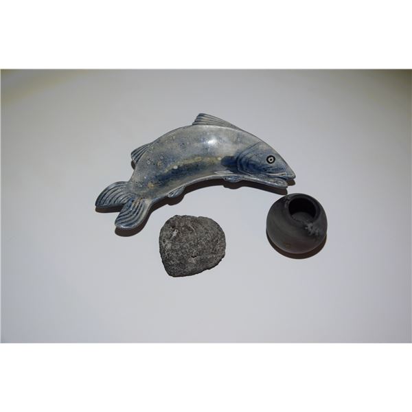EMMA LEE HALL CERAMIC FISH  DISH; SIGNED (8 3/4" L), LAURIE RAKU VASE; SIGNED (2" H) & PETROGLYPH CA