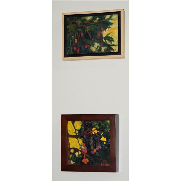 ANTHONY MENDIVIL ACRYLIC,  RIPE MANGOES ; SIGNED (FRAMED 8 1/2  X 6 1/2  & 7 1/2  X 7 1/2 ) (2 PCS)