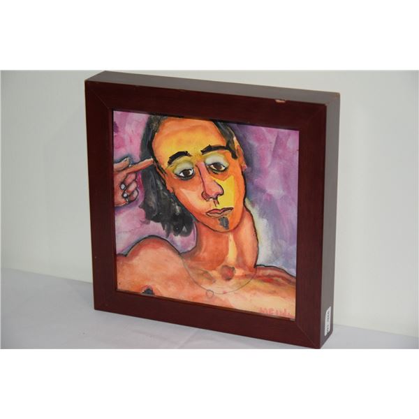 ANTHONY MENDIVIL WATERCOLOR ON ART BOARD, "MAN QUESTION"; SIGNED (FRAMED 7" X 7")