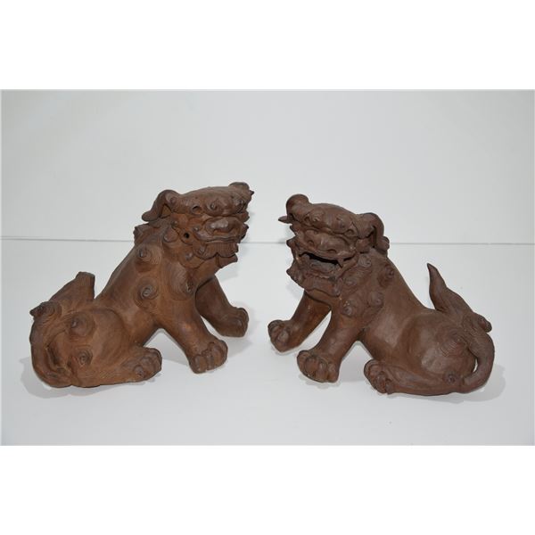 VINTAGE HAND SCULPTED FUU DOGS (SHISHI) (8" & 10") (MISSING TIP OF TAIL) (PAIR) (DOES NOT INCLUDE ST