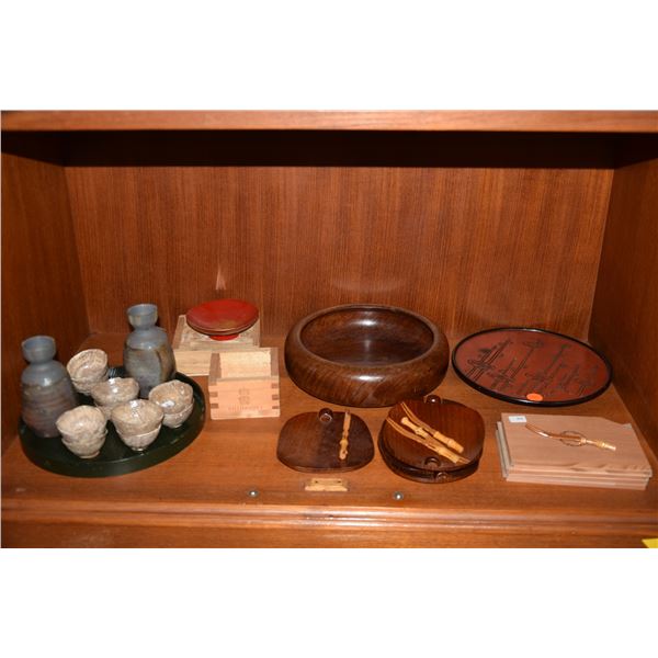 MIXED LOT: SAKE JARS & CUPS, WOOD PLATES & BOWL, LACQUER & BAMBOO FORKS