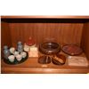 Image 1 : MIXED LOT: SAKE JARS & CUPS, WOOD PLATES & BOWL, LACQUER & BAMBOO FORKS