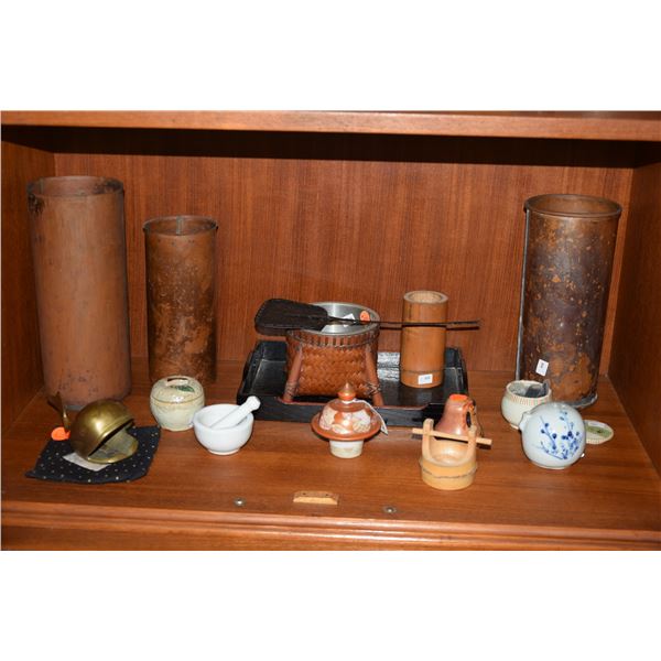 MIXED LOT: COPPER INSERTS, WATER DROPPER, WOOD DOLL (ISHIKAWA TOKUJIRO), INCENSE  HOLDER, ASHTRAY, E