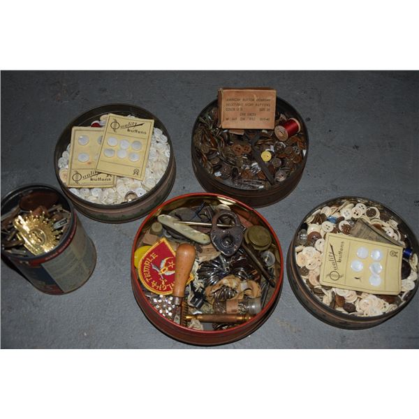 ASSORTED BUTTONS & JUNK DRAWER ITEMS (5 TINS)