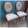 Image 2 : Qty 2 Grid-Backed Wooden Chairs with Palm Tree Motif (one seat cushion is torn) 21"W x 19"D x 42" Ba