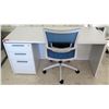 Image 1 : White Desk w/ 3 Drawers & Rolling Blue Office Chair 60"x24"x29"H