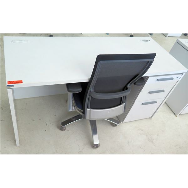 White Desk w/ 3 Drawers & Rolling Black Office Chair 60"x24"x29"H