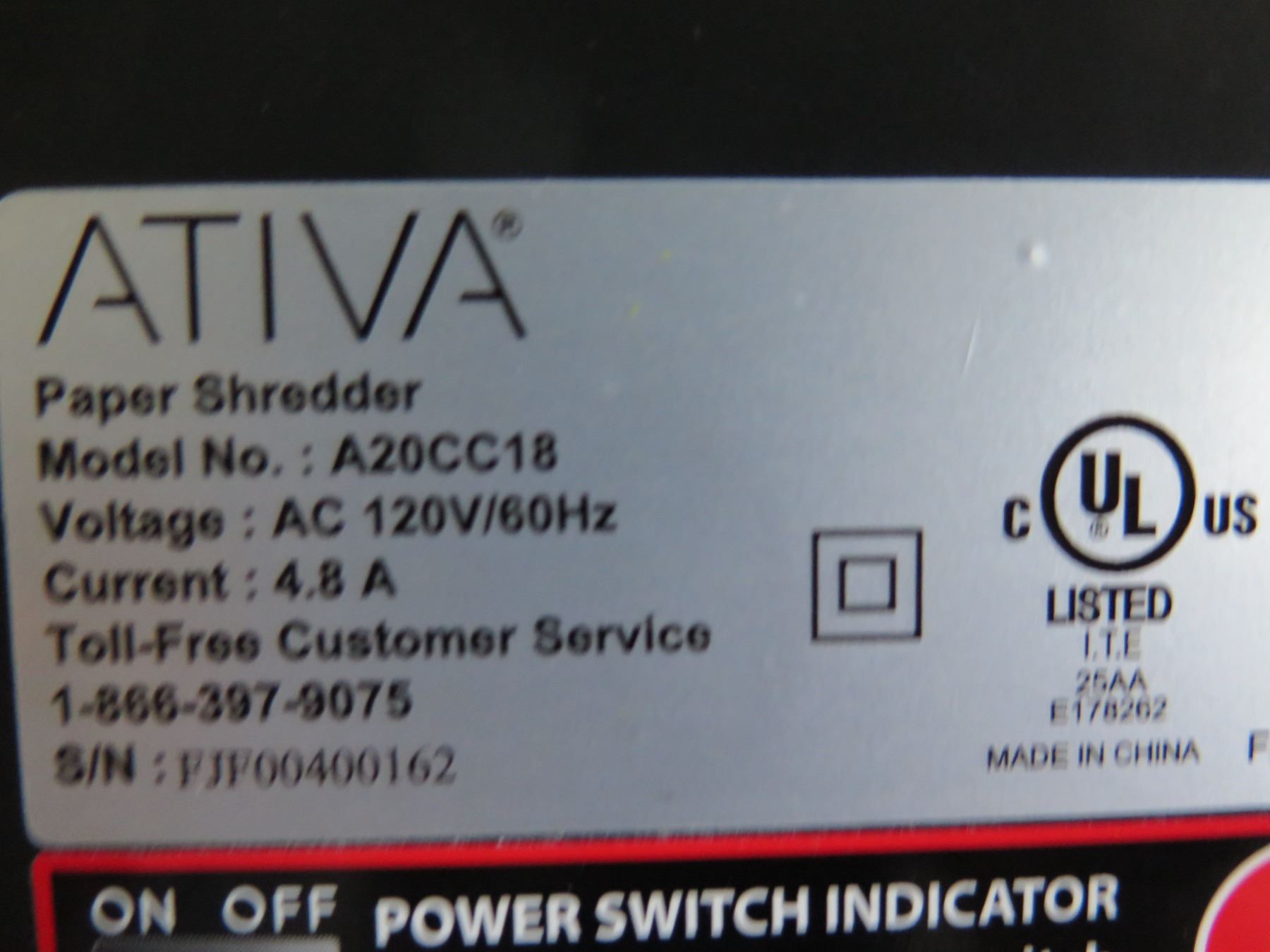 Ativa 20 Sheet Paper Shredder on Wheels Model A20CC18
