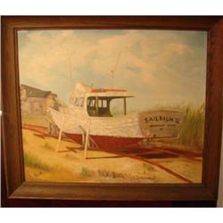 OIL ON CANVAS OF FISHING BOAT ON THE NEW JERSEY#1885270