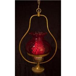 Antique Hanging Oil Lamp with Ruby Red Shade #1897122