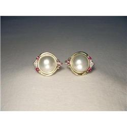 Estate 14K YG Mop Pearl Ruby Diamond Earrings #1897560