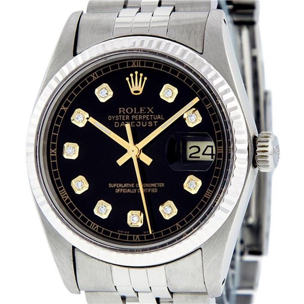 Rolex Mens Stainless Steel 36MM Black Diamond Datejust Wristwatch