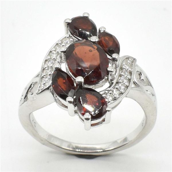 Silver Garnet Cz(2.9ct) Rhodium Plated Ring (~weight 3.5g)