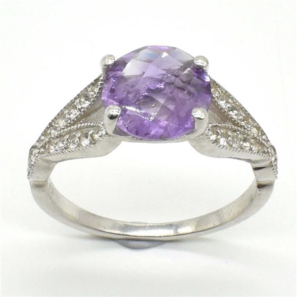 Silver Amethyst Cz(1.8ct) Rhodium Plated Ring (~weight 2.2g)