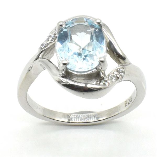 Silver Blue Topaz Cz(3.1ct) Rhodium Plated Ring (~weight 4.1g)