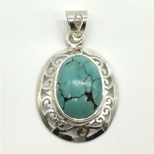 Silver Turquoise(9.2ct) Rhodium Plated Pendant (~weight 6.25g)