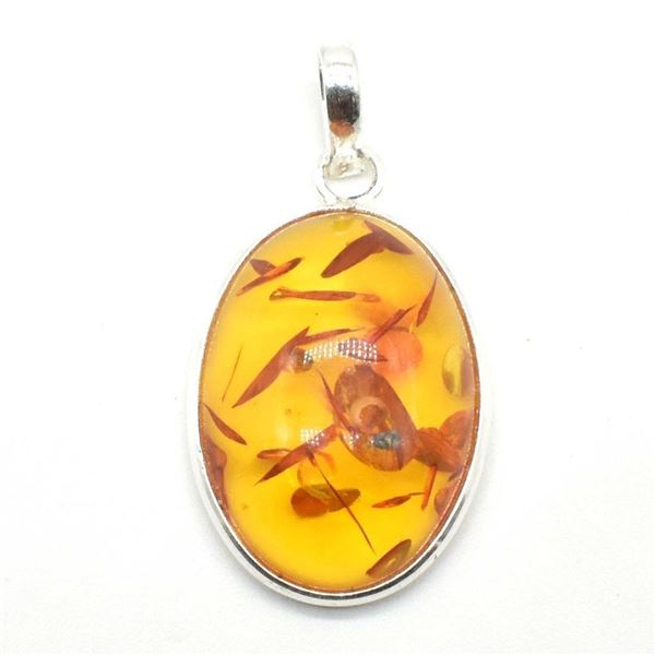 Silver Amber (Reconstituted)(7.2ct) Rhodium Plated Pendant (~weight 2.9g)