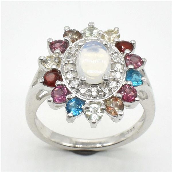 Silver Multi Colour Gem Stone(2.9ct) Rhodium Plated Ring (~weight 3.45g)