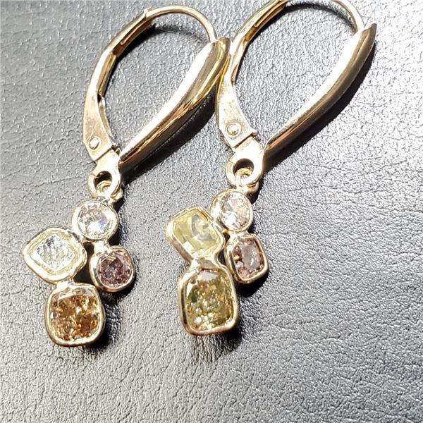 10K Yellow Gold Fancy Color Diamond(1.32Ct, I1-I3) Diamond(0.13Ct,I1-I2,G-H) Earrings (~weight 1.17g