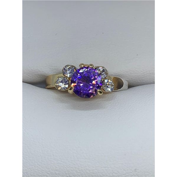 Ladies 14K GP Amethyst style gemstone ring with side stones. Size 6.5