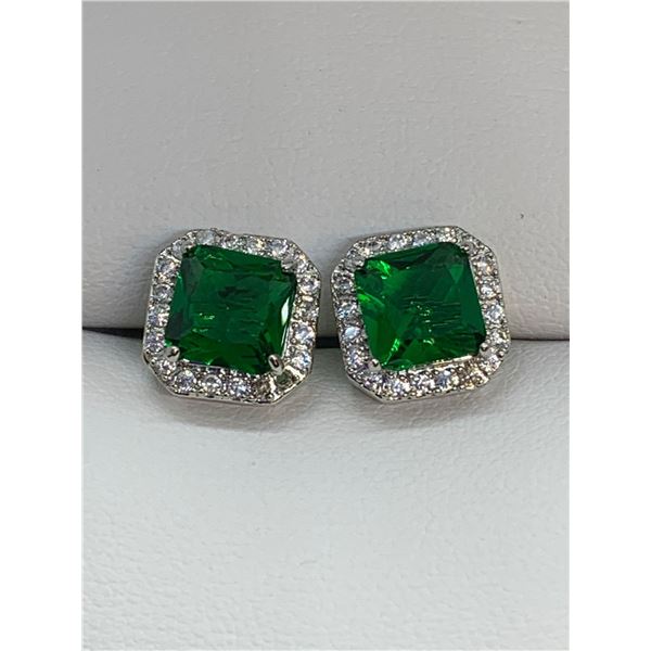 Stunning Silver mounted Emerald style earrings with multi stone boarder