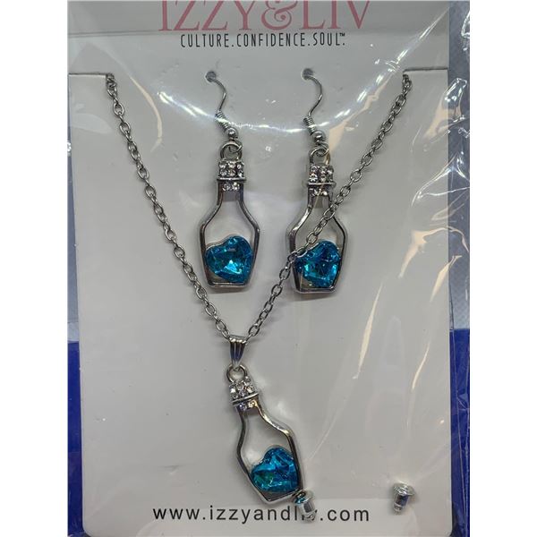 Blue topaz heart in bottle earrings and necklace set