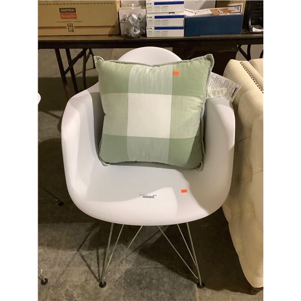 White Plastic Armchair Metal Base w/ Throw Pillow
